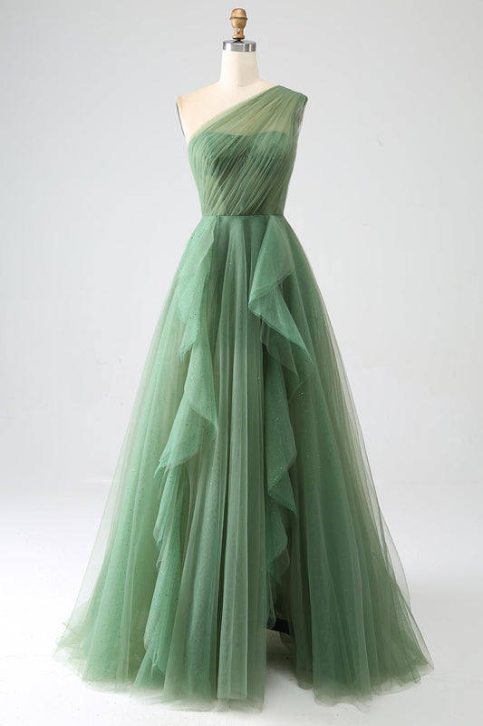 A-Line One-Shoulder Long Tulle Prom Dress Floor Length Beautiful