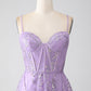 A-Line Spaghetti Straps Lilac Corset Prom Dress with Sequins Floor Length