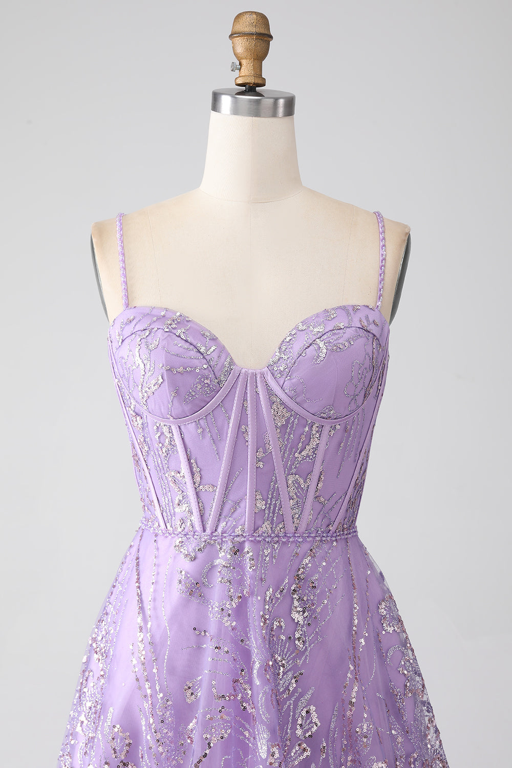 A-Line Spaghetti Straps Lilac Corset Prom Dress with Sequins Floor Length