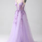 Purple A-Line Halter Neck Beaded Long Prom Dress V-neck With Slit