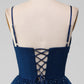 Navy Ball-Gown Spaghetti Straps V-Neck Long Beaded Tulle Prom Dresses Sparkly Evening Dresses