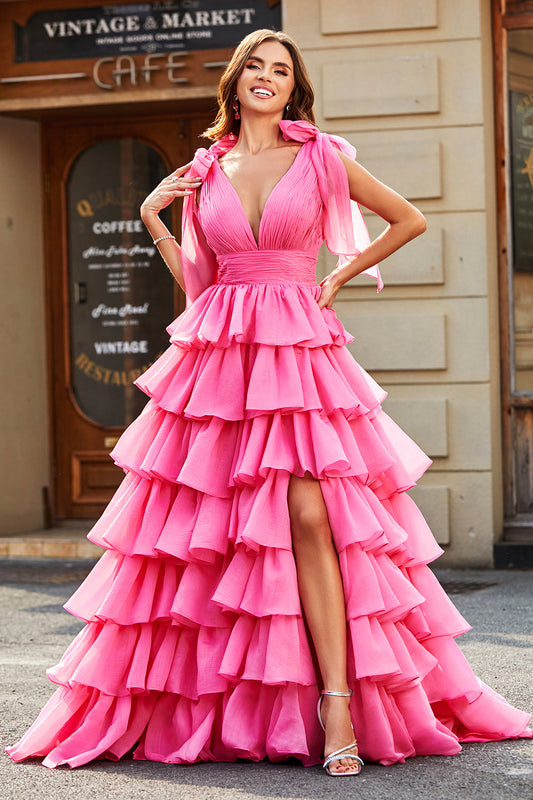 Fuchsia A-Line Deep V Neck Tiered Long Prom Dress With Slit Floor Length Sexy