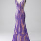 Purple Mermaid V Neck Long Sparkly Prom Dress With Sequins Sexy