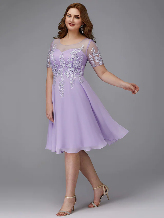 A-Line Plus Size Homecoming Cocktail Party Dress Illusion Neck Short Sleeve Knee Length Chiffon Lace