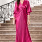 Fuchsia Ruffles Formal Dress with Half Sleeves V-neck Evening Dresses