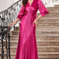 Fuchsia Ruffles Formal Dress with Half Sleeves V-neck Evening Dresses