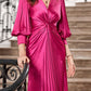 Fuchsia Ruffles Formal Dress with Half Sleeves V-neck Evening Dresses