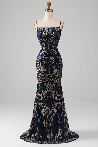 Navy Mermaid Spaghetti Straps Sparkly Sequin Prom Dress Sexy Evening Dresses