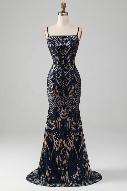 Navy Mermaid Spaghetti Straps Sparkly Sequin Prom Dress Sexy Evening Dresses