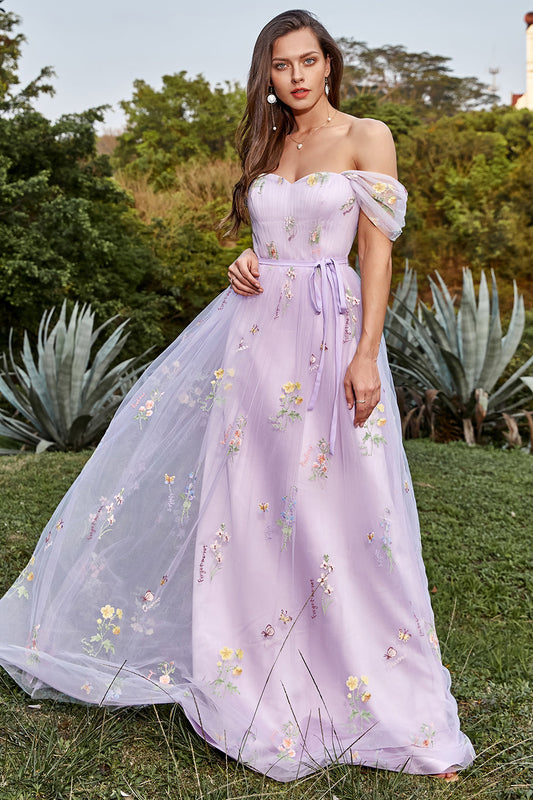 Lavender A Line Off The Shoulder Tulle Formal Dress With Embroidery Prom Dress With Flowers