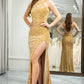 Golden Mermaid One Shoulder Fringe Glitter Sequin Prom Dress With Slit Sexy Evening Dresses
