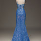 Sparkly Blue Spaghetti Straps Corset Prom Dress with Slit Sexy Evening Dresses