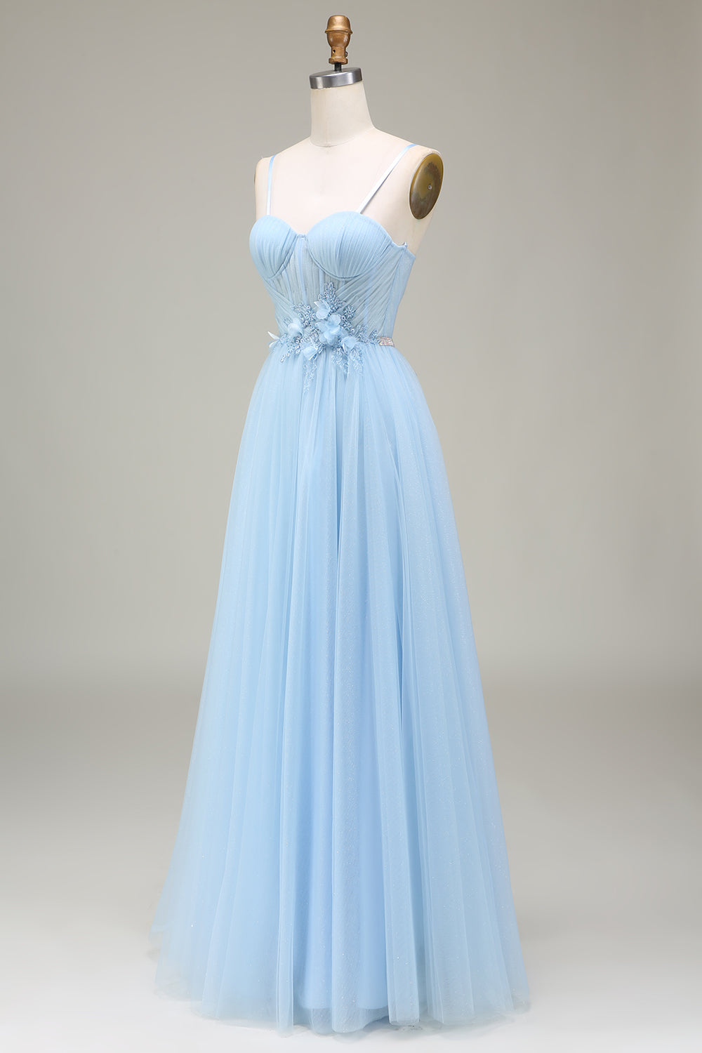 Light Blue A-Line Tulle Long Prom Dress With Appliques Floor Length Beautiful