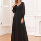 A-Line Evening Gown Empire Dress Party Wear Floor Length Long Sleeve V Neck Tulle V Back with Glitter