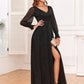 A-Line Evening Gown Empire Dress Party Wear Floor Length Long Sleeve V Neck Tulle V Back with Glitter