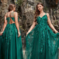 Dark Green A Line Spaghetti Straps Tulle Formal Dress with Slit Sexy Sparkly