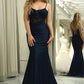 Mermaid Spaghetti Straps Corset Black Prom Dress With Appliques Sexy Evening Dresses