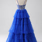 Royal Blue Spaghetti Straps Tiered Prom Dress with Sequins Beautiful