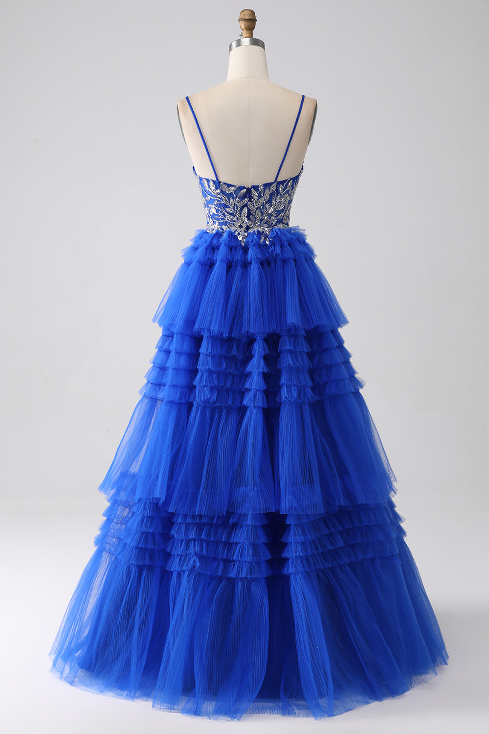 Royal Blue Spaghetti Straps Tiered Prom Dress with Sequins Beautiful