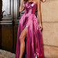 Sparkly Fuchsia A-Line Spaghetti Straps Pleated Prom Dress with Side Slit Sexy Evening Dresses