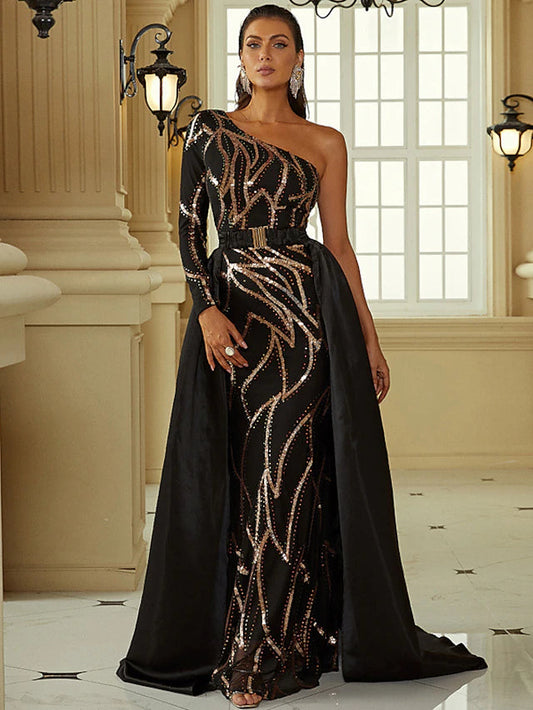 Mermaid / Trumpet Evening Gown Sexy Dress Formal Court Train Long Sleeve One Shoulder Polyester