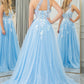 Light Blue A Line One Shoulder Sparkly Sequin Tulle Prom Dress With Appliques Beautiful