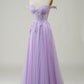 Light Purple A-Line Off The Shoulder Long Corset Tulle Prom Dress with Lace Beautiful