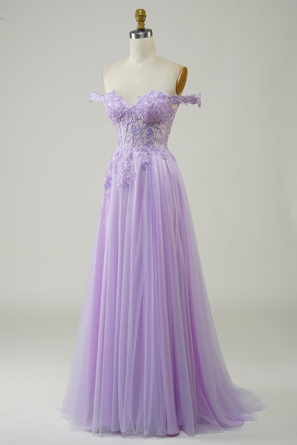 Light Purple A-Line Off The Shoulder Long Corset Tulle Prom Dress with Lace Beautiful