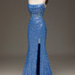 Sparkly Blue Spaghetti Straps Corset Prom Dress with Slit Sexy Evening Dresses