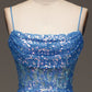 Sparkly Blue Spaghetti Straps Corset Prom Dress with Slit Sexy Evening Dresses