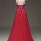 Red A Line Spaghetti Straps Long Prom Dress With Appliques Sexy