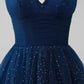 Navy Ball-Gown Spaghetti Straps V-Neck Long Beaded Tulle Prom Dresses Sparkly Evening Dresses