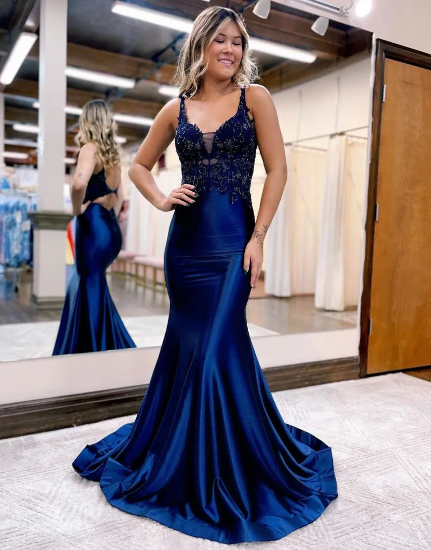 Mermaid Straps Neck Back Long Prom Dress Sexy