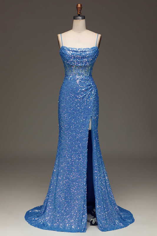 Sparkly Blue Spaghetti Straps Corset Prom Dress with Slit Sexy Evening Dresses