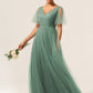 Eucalyptus A Line V Neck Floor Length Tulle Bridesmaid Dress Sexy Party Dresses