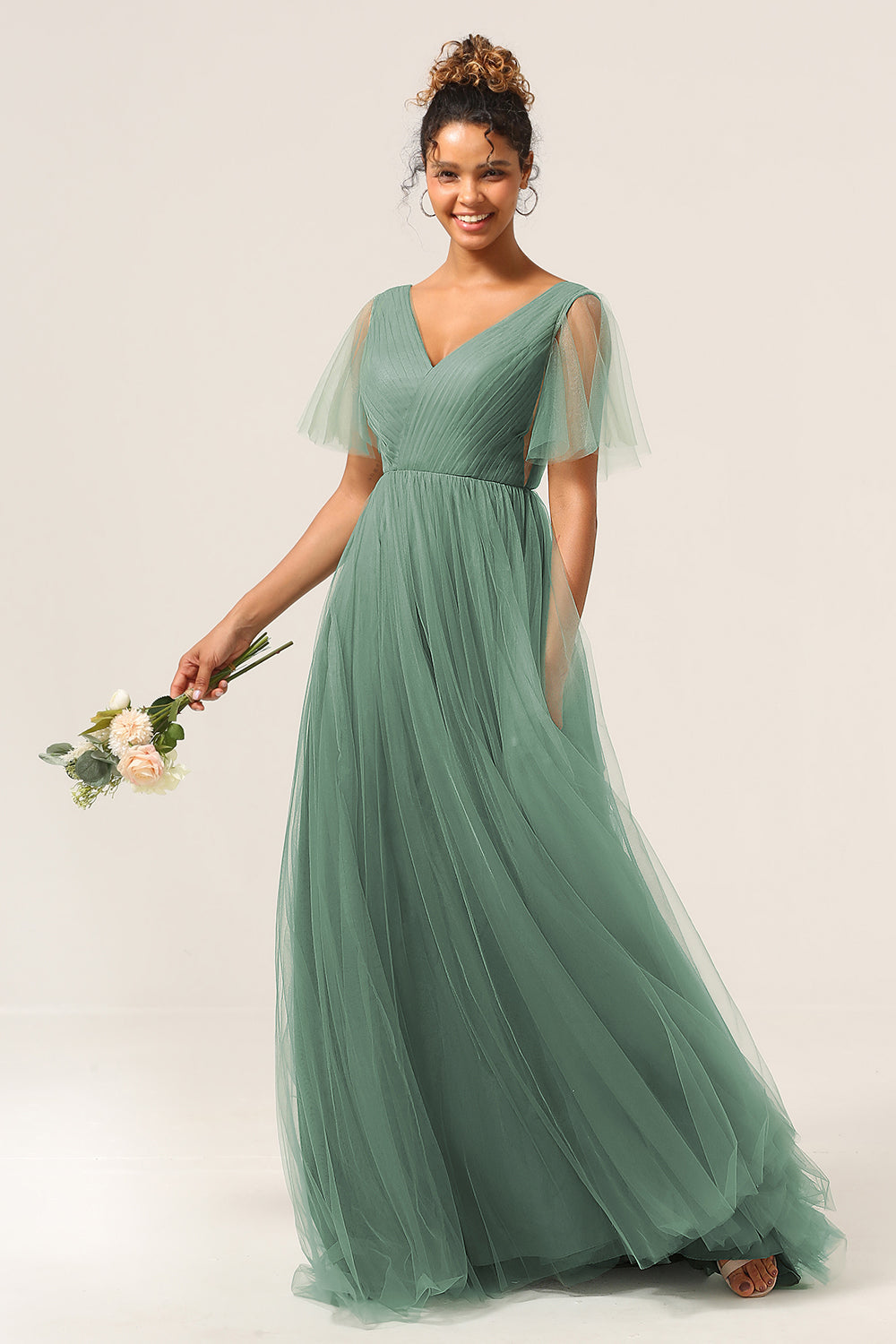 Eucalyptus A Line V Neck Floor Length Tulle Bridesmaid Dress Sexy Party Dresses