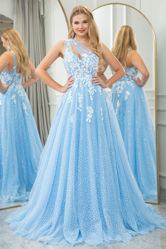 Light Blue A Line One Shoulder Sparkly Sequin Tulle Prom Dress With Appliques Beautiful