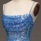 Sparkly Blue Spaghetti Straps Corset Prom Dress with Slit Sexy Evening Dresses