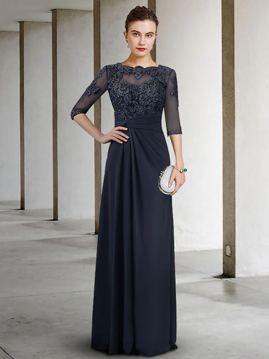Mother of the Bride Dress Elegant Jewel Neck Floor Length Chiffon Lace Half Sleeve with Pleats