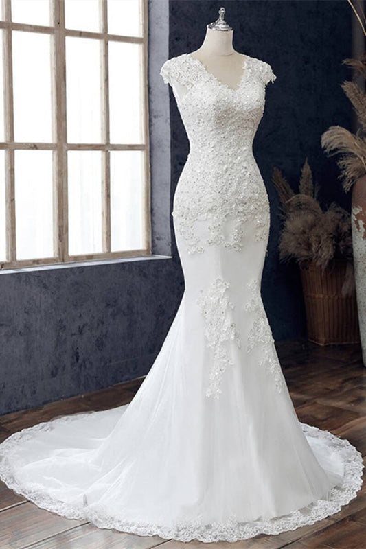 White Lace V-Neck Cap Sleeve Trumpet Wedding Dress Long