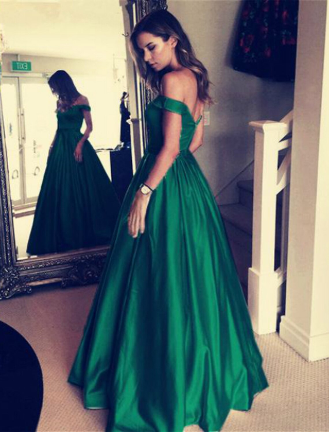 Ball Gown Elegant Prom Formal Evening Dress Off Shoulder Backless Short Sleeve Floor Length Satin with Pleats