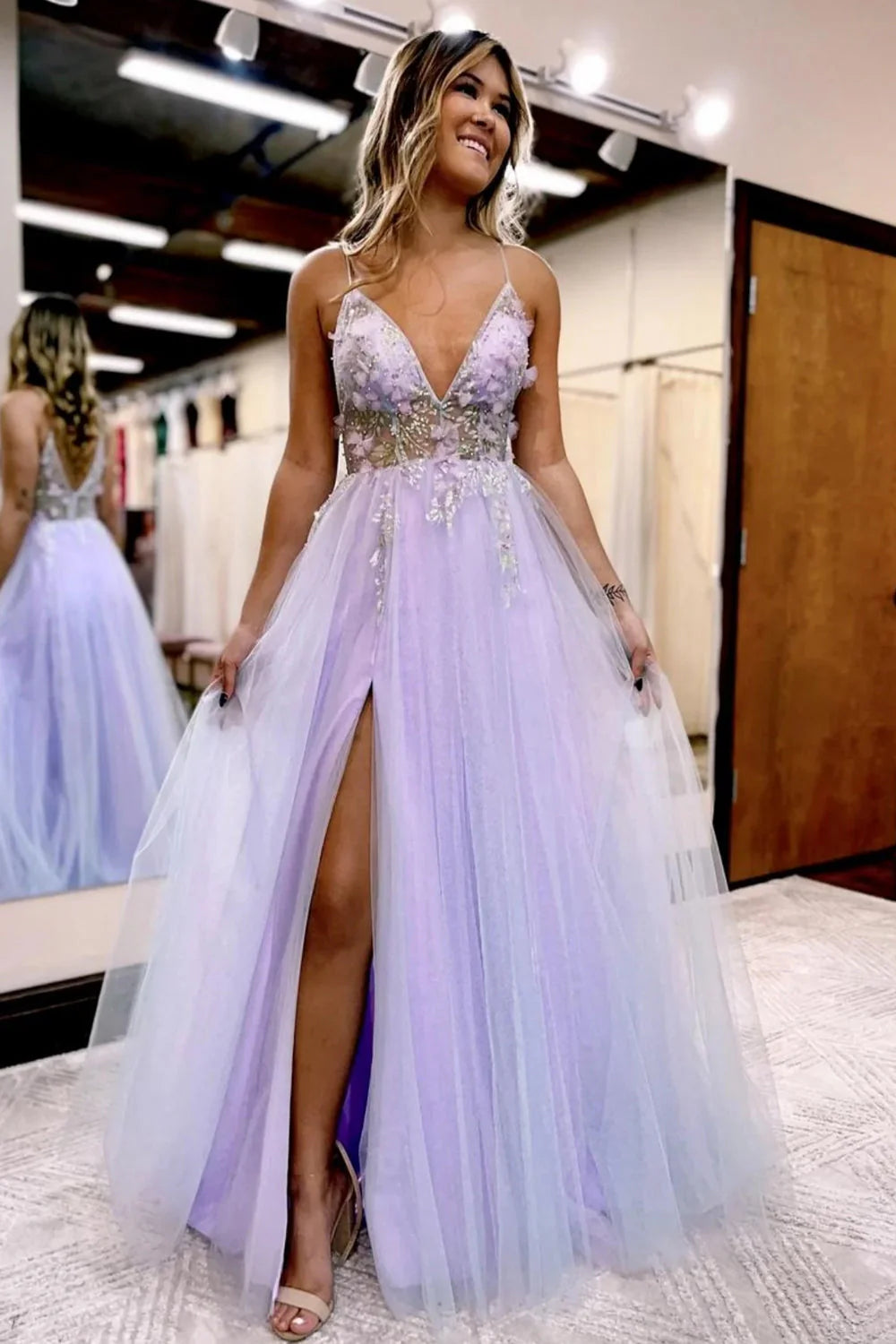 A-Line Tulle Prom Dress with Flowers Long