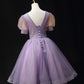 V Neck Tulle Beading Sequin Short Prom Dress purple