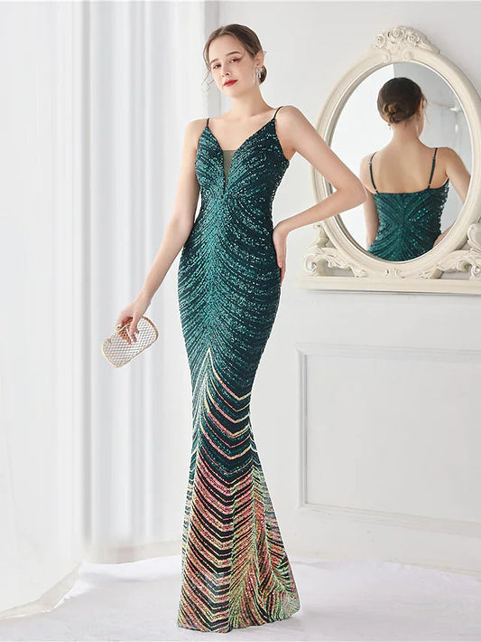 Mermaid / Trumpet Evening Gown Elegant Dress Wedding Guest Floor Length Sleeveless Spaghetti Strap Sequined V Back