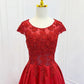 A-Line Scoop Neckline Satin Lace Long Prom Dress Red