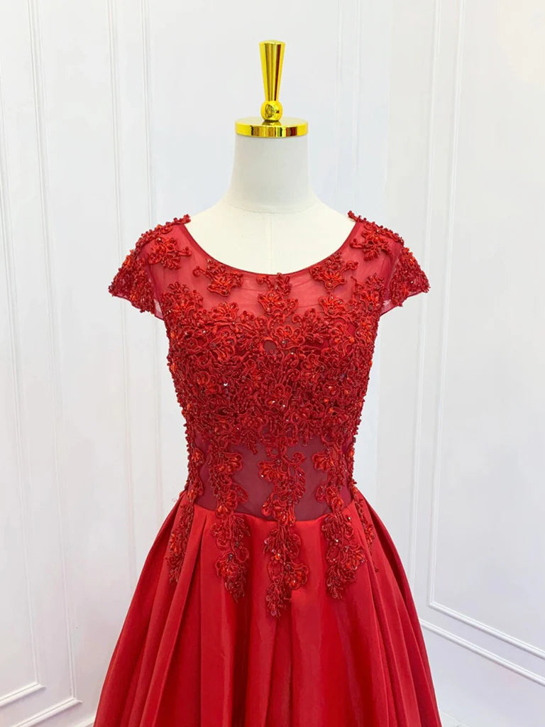 A-Line Scoop Neckline Satin Lace Long Prom Dress Red