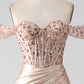 Champagne Mermaid Off The Shoulder Sequins Corset Prom Dress With Slit Evening Dresses