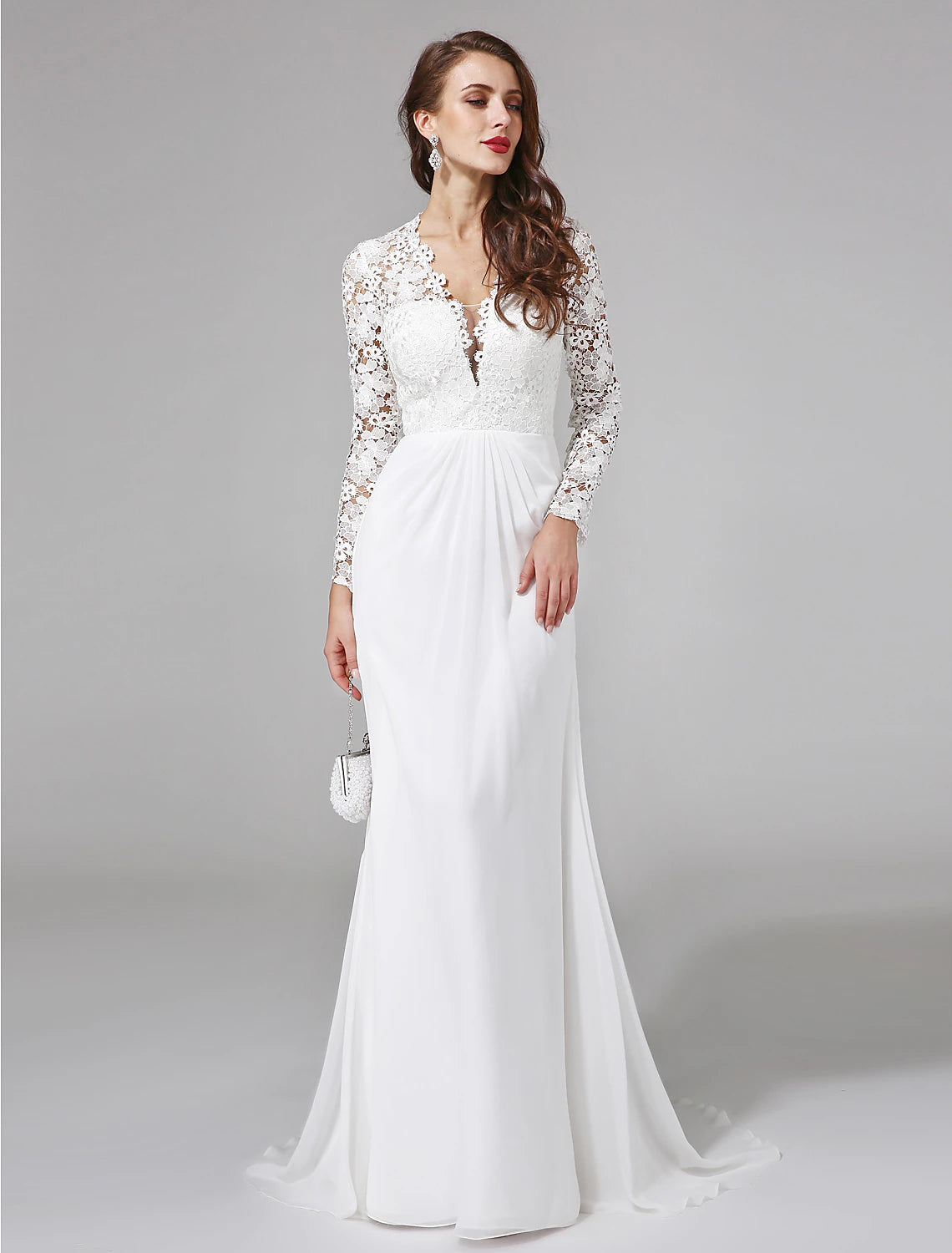 Beach Royal Style Boho Wedding Dresses Sheath / Column Illusion Neck Long Sleeve Sweep / Brush Train Chiffon Bridal Gowns With Lace