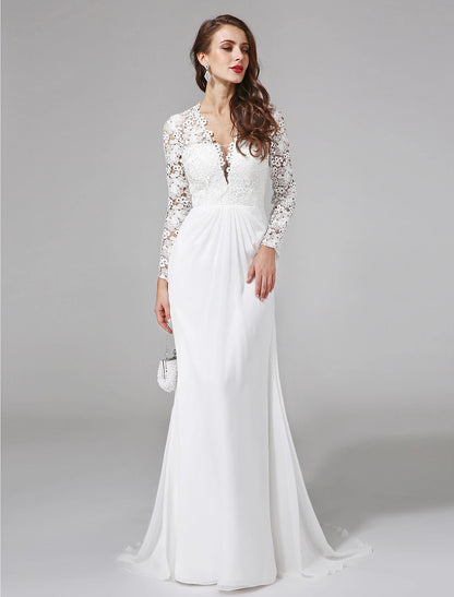 Beach Royal Style Boho Wedding Dresses Sheath / Column Illusion Neck Long Sleeve Sweep / Brush Train Chiffon Bridal Gowns With Lace