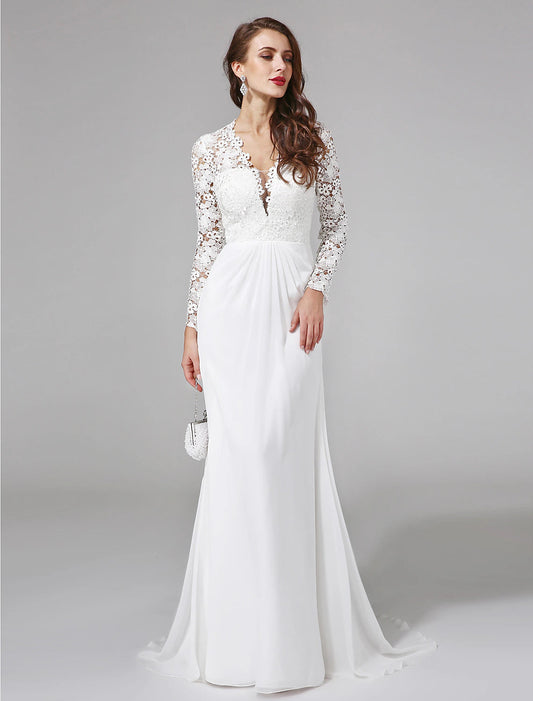 Beach Royal Style Boho Wedding Dresses Sheath / Column Illusion Neck Long Sleeve Sweep / Brush Train Chiffon Bridal Gowns With Lace